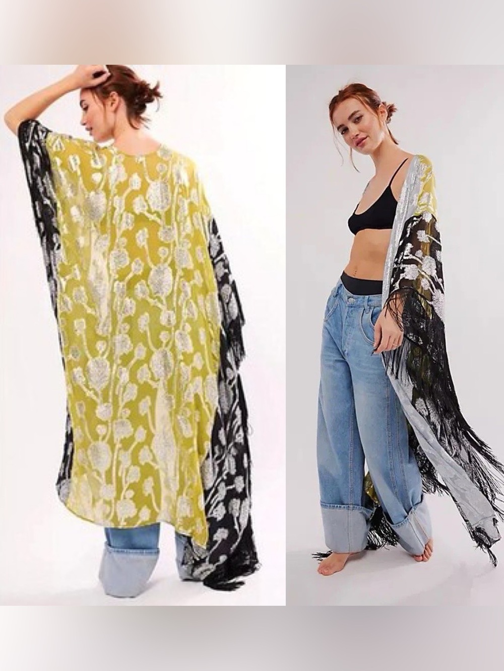 Free People | Yellow, Black and Silver Pattern Kimono w Black Fringe, O/S